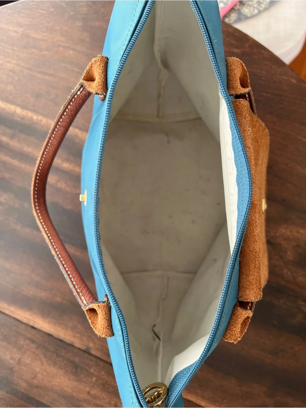 Longchamp Teal Nylon Le Pliage Small Tote Brown Leather Trim. 14”wide x 8”tall
